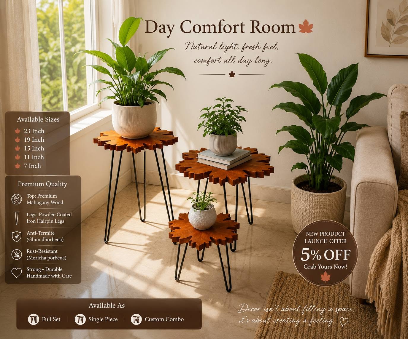 Premium Maple Leaf Wooden Plant Stand
